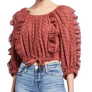Rebecca Taylor Karina Eyelet Ruffle Top Mauve Pink Size Small